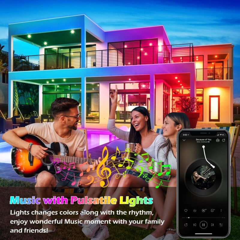 60Ft Outdoor Waterproof LED Strip Lights,Music Sync RGB IP65 Led Lights with App Control and Remote,Color Changing Waterproof Led Rope Lights for Outdoor,Balcony,Roof,Garden,Stairs Party - Image 4