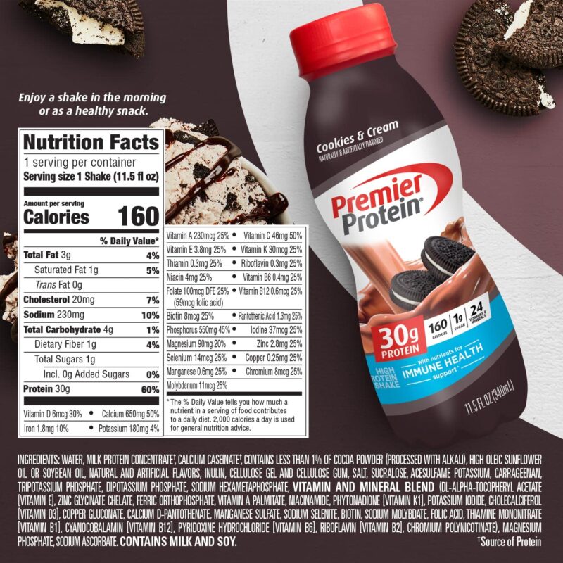 Premier Protein Shake, Cookies & Cream, 30g Protein, 1g Sugar, 24 Vitamins & Minerals, Nutrients to Support Immune Health 11.5 fl oz (12 Pack) - Image 5