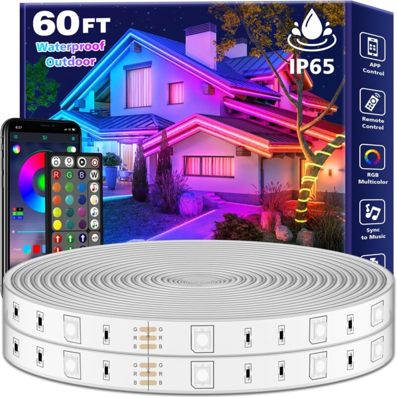 60Ft Outdoor Waterproof LED Strip Lights,Music Sync RGB IP65 Led Lights with App Control and Remote,Color Changing Waterproof Led Rope Lights for Outdoor,Balcony,Roof,Garden,Stairs Party