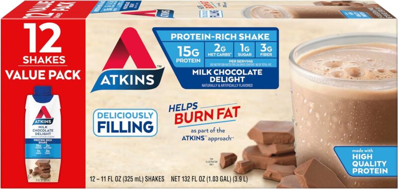 Atkins Milk Chocolate Delight Protein Shake, 15g Protein, Low Glycemic, 2g Net Carb, 1g Sugar, Keto Friendly, 12 Count