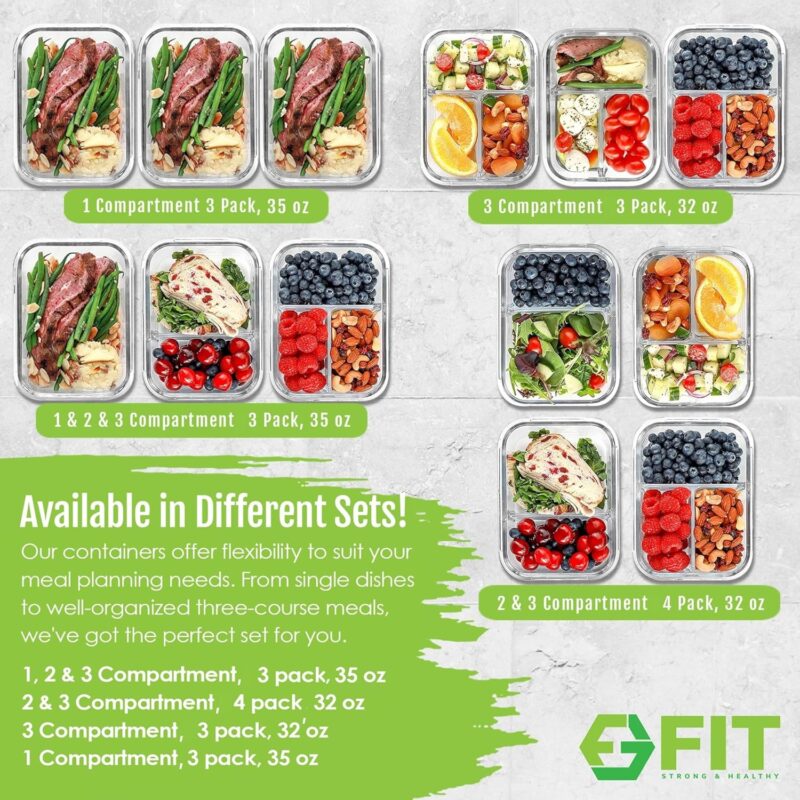 FIT Strong & Healthy 2 & 3 Compartment Glass Meal Prep Containers (4 Pack, Beige) - Glass Food Storage Containers with Lids, Glass Bento Box, Portion Control, Airtight, Oven & Freezer safe - Image 7