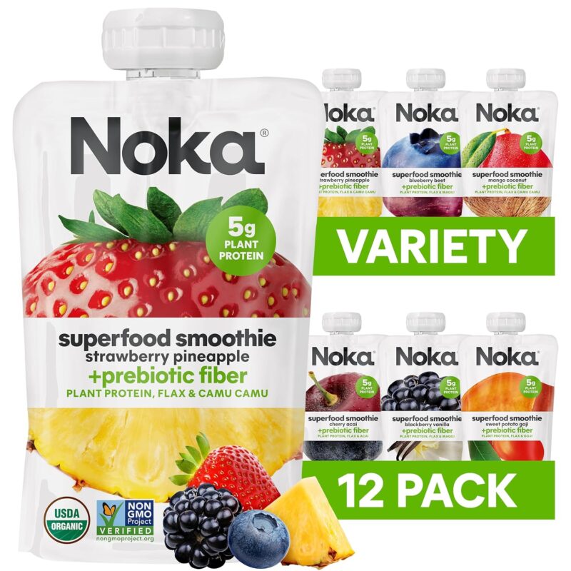 Noka Superfood Fruit Smoothie Pouches Variety Pack, Healthy Snacks with Flax Seed, Plant Protein and Prebiotic Fiber, Vegan and Gluten Free Snacks, Organic Squeeze Pouch, 4.22 oz, 12 Count