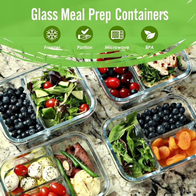 FIT Strong & Healthy 2 & 3 Compartment Glass Meal Prep Containers (4 Pack, Beige) - Glass Food Storage Containers with Lids, Glass Bento Box, Portion Control, Airtight, Oven & Freezer safe - Image 2