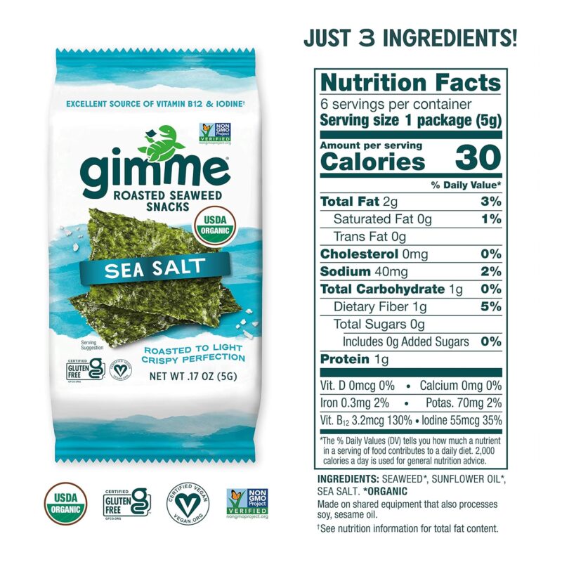 Anita G gimMe Organic, Roasted Seaweed Snack, Sea Salt, 6 pack, 15 Oz - Image 6