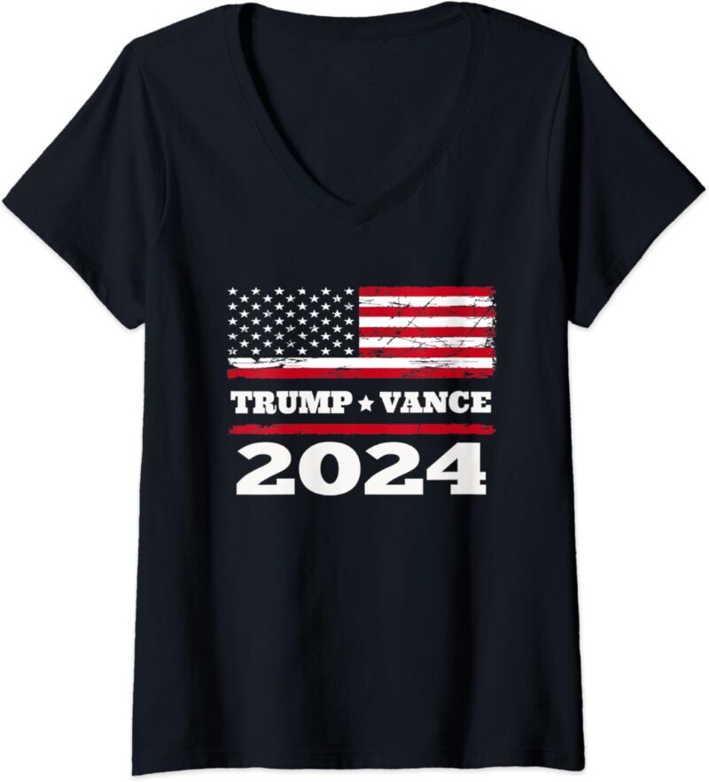 Womens Trump Vance 2024 President Trump Supporter Re-Election Flag V-Neck T-Shirt