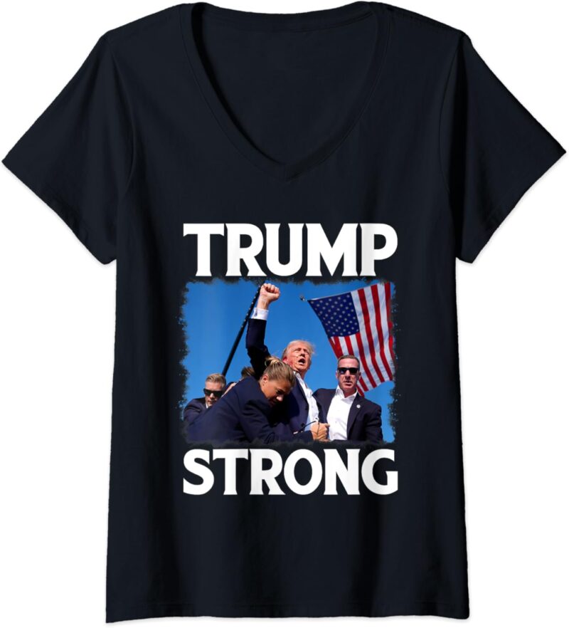 Womens Trump Strong Fist Hand US Vote Trump 2024 Survives Rally V-Neck T-Shirt