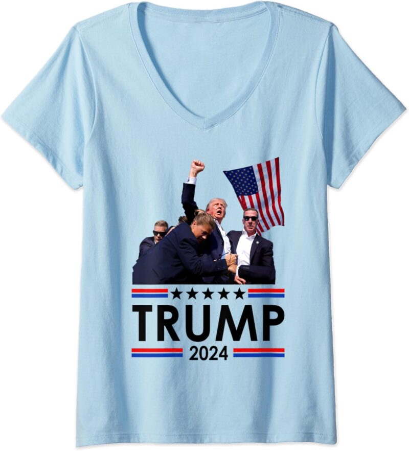 Womens Trump Fist Pump Shot At Trump 2024 Trump Survives Rally V-Neck T-Shirt