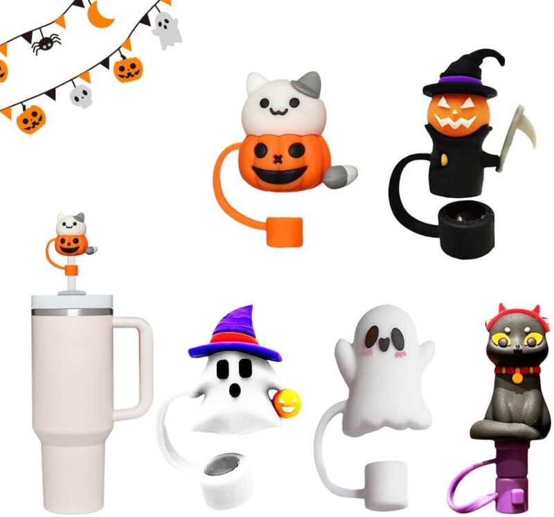 Halloween Straw Cover Cap For Cup,10 mm,2024 New Cute Ghost Halloween Straw Topper,Silicone Straw Covers,Dustproof Straw Tips,Lids Cup Accessories (Pack of five)