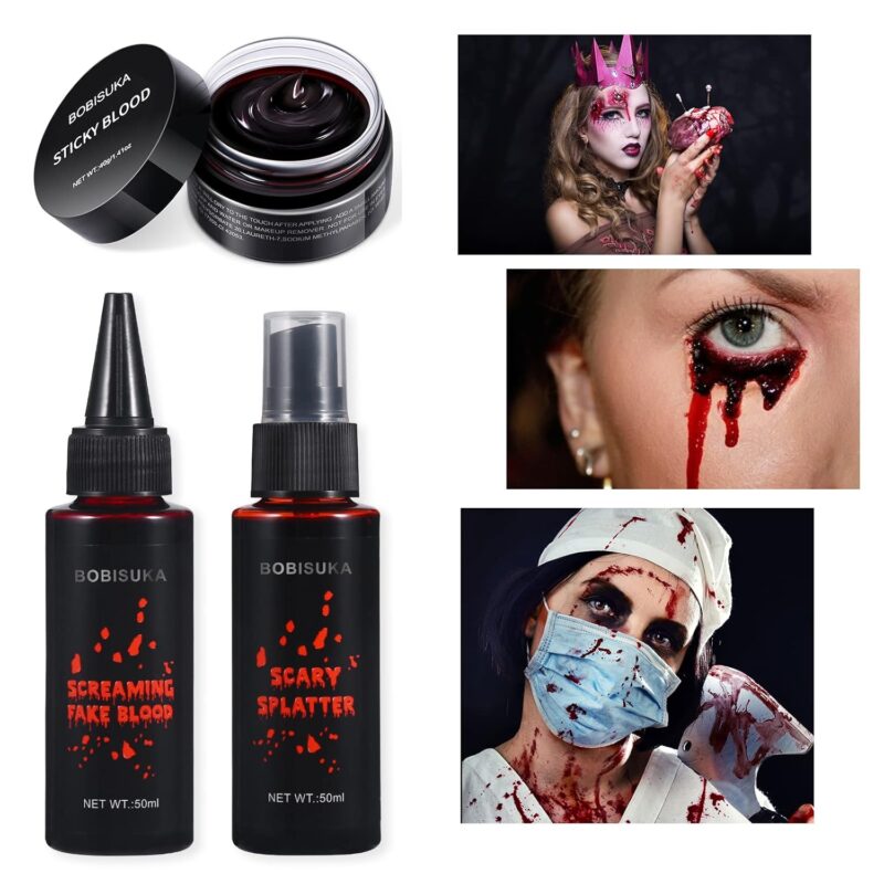 BOBISUKA 3PCS Halloween Fake Blood Makeup Kit - Coagulated Blood 1.41oz + Fake Blood Spray 1.76oz + Dripping Blood 1.76oz, Realistic Washable Special Effects SFX Makeup Set, for Zombie Vampire Monster - Image 2