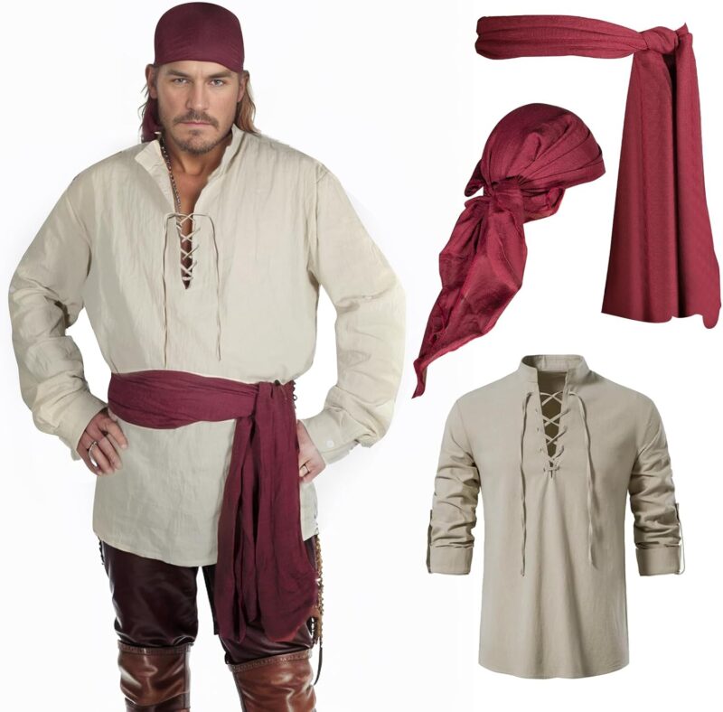 3 Pcs Pirate Costume Men Pirate Shirt Renaissance Costume Shirt Victorian Gothic Shirt Medieval Costume Cosplay