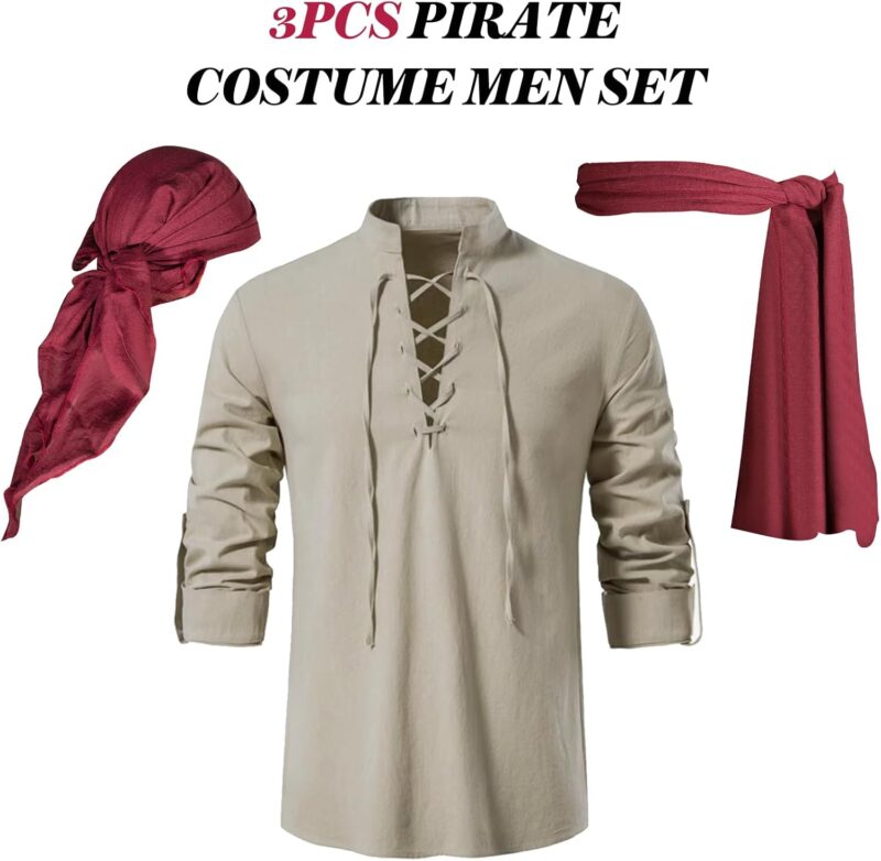 3 Pcs Pirate Costume Men Pirate Shirt Renaissance Costume Shirt Victorian Gothic Shirt Medieval Costume Cosplay - Image 7