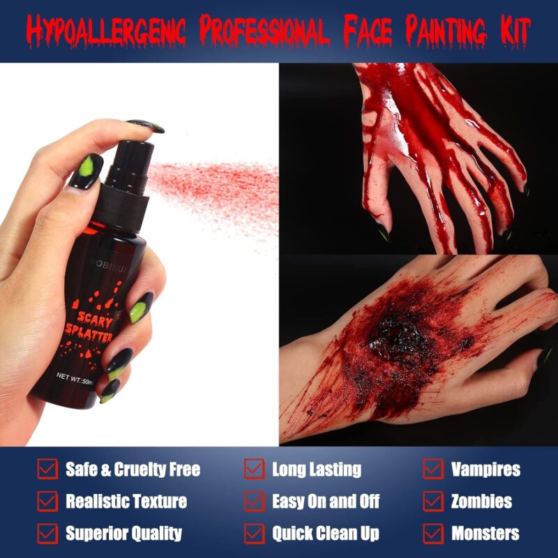 BOBISUKA 3PCS Halloween Fake Blood Makeup Kit - Coagulated Blood 1.41oz + Fake Blood Spray 1.76oz + Dripping Blood 1.76oz, Realistic Washable Special Effects SFX Makeup Set, for Zombie Vampire Monster - Image 3