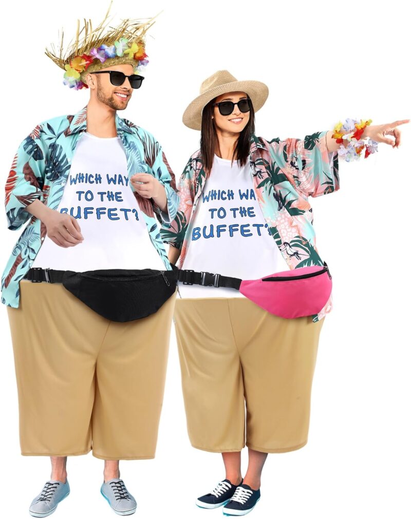 12 Pcs Adult Tacky Tourist Costume Tacky Traveler Costume Hawaiian Tropical Couples Costumes Set Funny Fat Costume for Hawaiian Halloween Summer Beach Luau Party Decoration