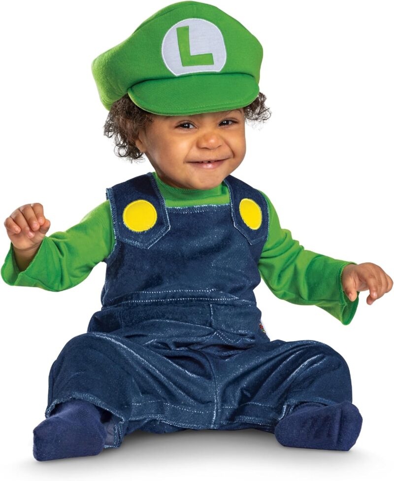 Super Mario Bros Luigi Infant Costume – Soft Velour Baby Luigi Outfit with Hat & Jumpsuit 6/12mo - Image 3