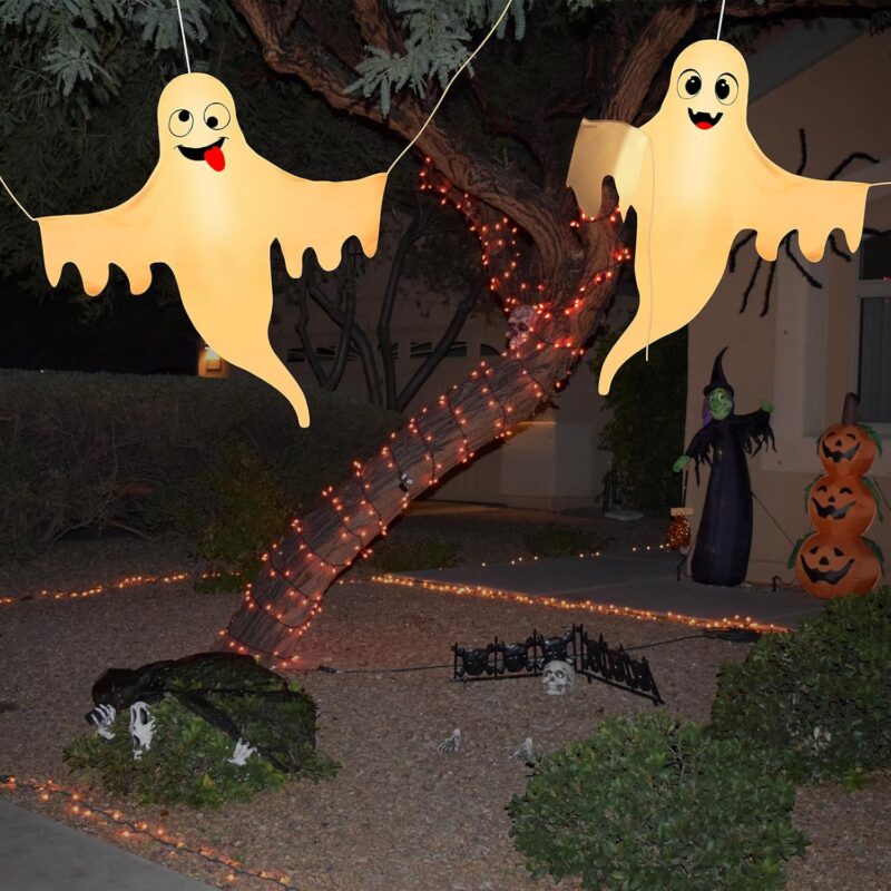 4PCS Hanging Ghost with White Lights, Prelit Large Spooky Outdoor Tree Wrap Ghost Decoration for Halloween Party Lawn Patio Haunted House Props Supply(Batteries Not Included) - Image 2