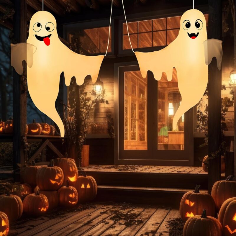 4PCS Hanging Ghost with White Lights, Prelit Large Spooky Outdoor Tree Wrap Ghost Decoration for Halloween Party Lawn Patio Haunted House Props Supply(Batteries Not Included) - Image 6