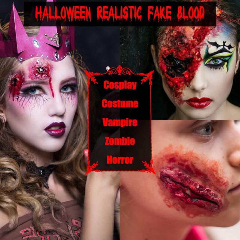 BOBISUKA 3PCS Halloween Fake Blood Makeup Kit - Coagulated Blood 1.41oz + Fake Blood Spray 1.76oz + Dripping Blood 1.76oz, Realistic Washable Special Effects SFX Makeup Set, for Zombie Vampire Monster - Image 4