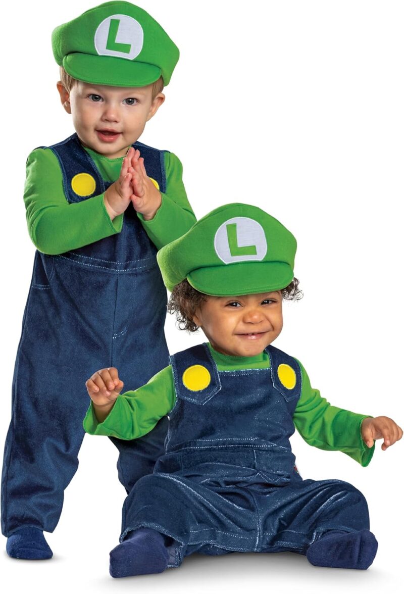 Super Mario Bros Luigi Infant Costume – Soft Velour Baby Luigi Outfit with Hat & Jumpsuit 6/12mo - Image 5