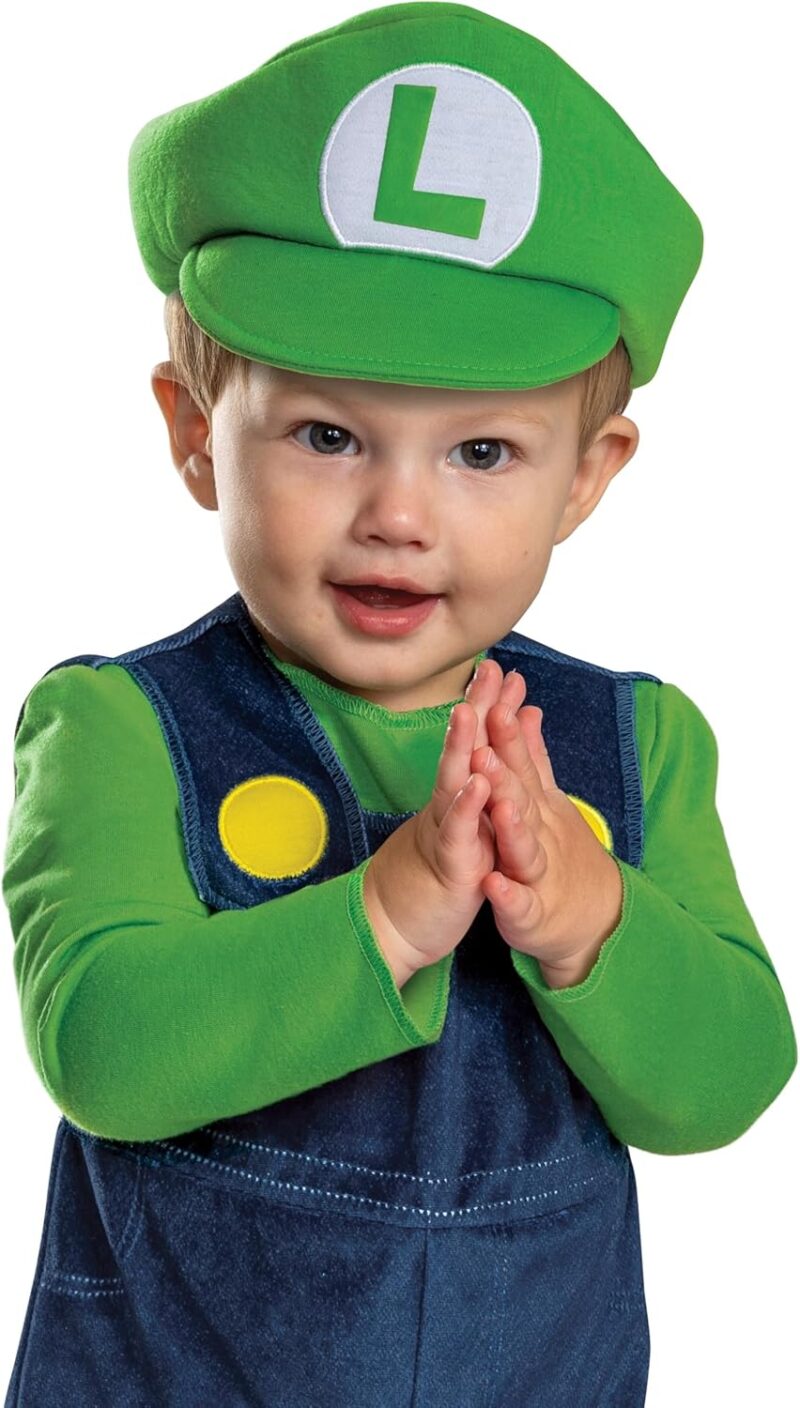 Super Mario Bros Luigi Infant Costume – Soft Velour Baby Luigi Outfit with Hat & Jumpsuit 6/12mo - Image 4