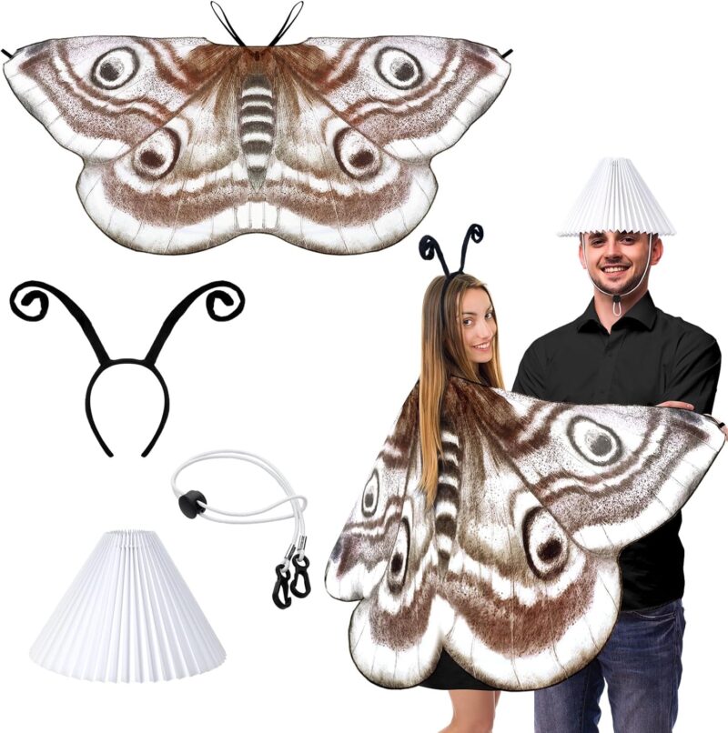 Halloween Moth and Lamp Couple Costume Adult Moth Butterfly Wing Cape with Headband Fabric Lampshade for Couple Women Men Costume