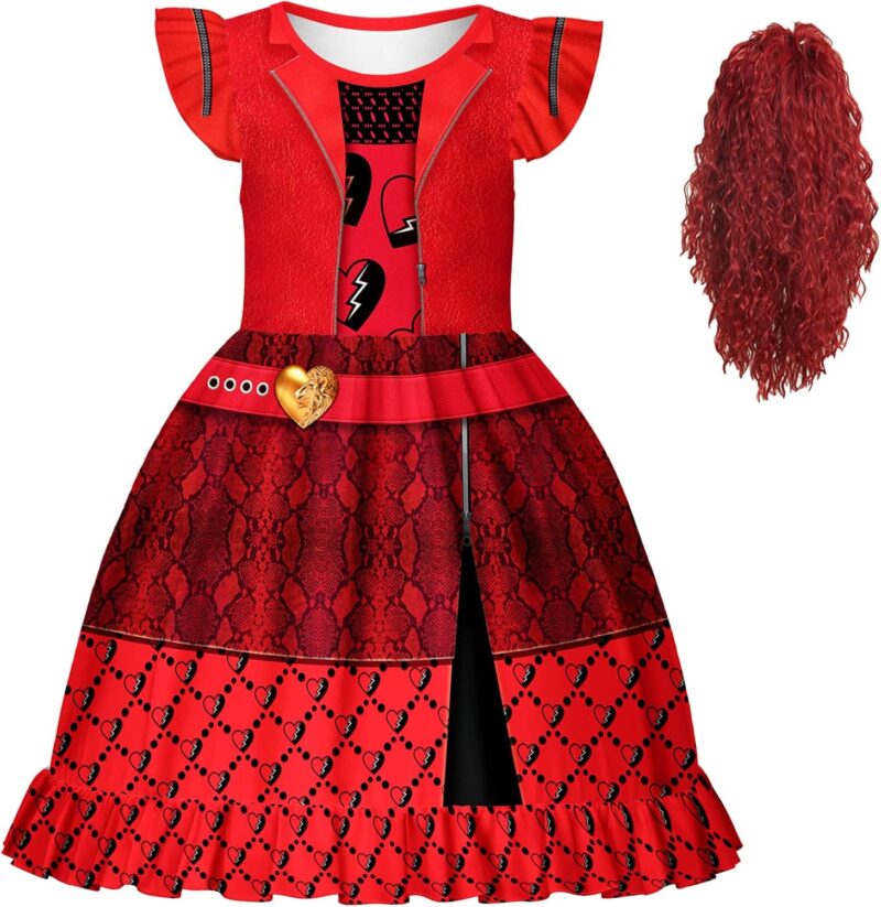 Girls Rise Red Costume with Wig Dress Kids Movie Outfits Halloween Birthday Party 5-12Y