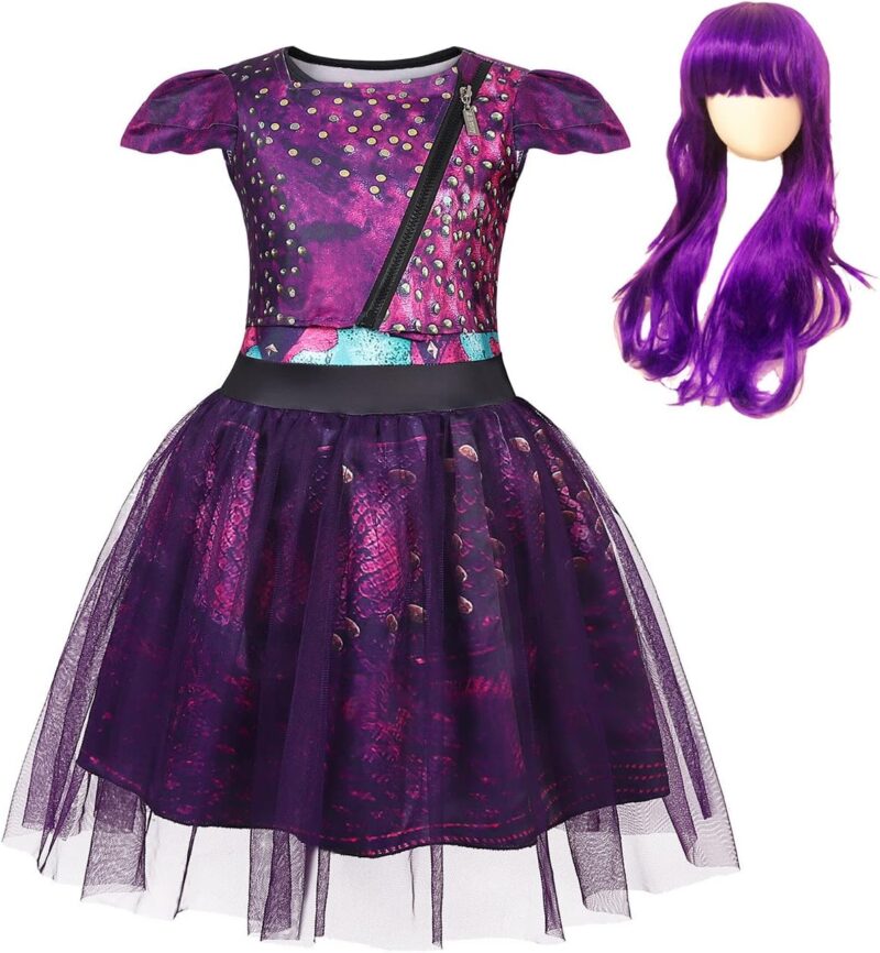 AmzApparel Mal Costumes for Girls Descendants 3 Mal Cosplay Dress Up with Wig Kids Princess Halloween Outfits