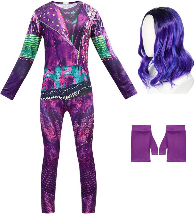 Gilrs Halloween Costume Party Cosplay Dress Up Jumpsuits Bodysuit with Wig Glove 5-12Y