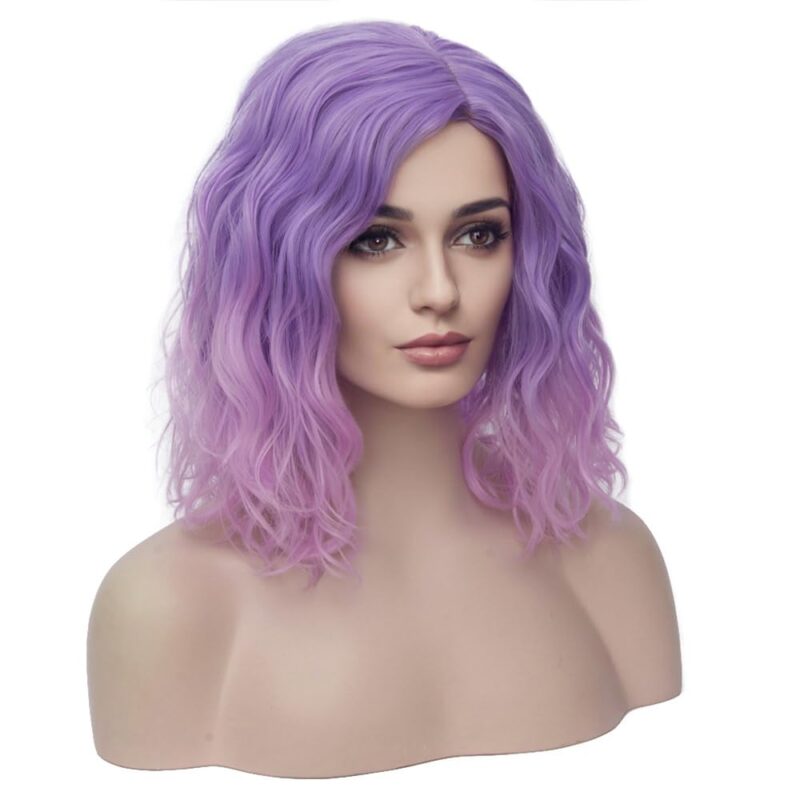 BERON 14" Women Girls Colored Short Curly Bob Wavy Purple Ombre Pink 35cm Wig Body Wave Daily Hair Wigs (Light Purple to Pink) - Image 2