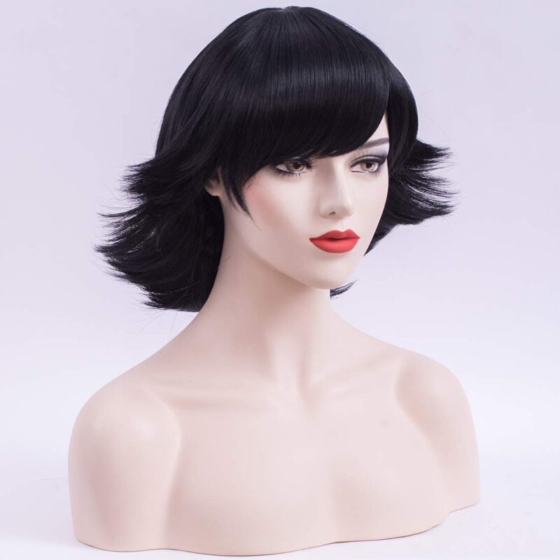 Black Flip Wig Short Black Bob Wig with Bangs Women 's Black Costume Party Cosplay Black Retro Wig for Girls (Black) - Image 2