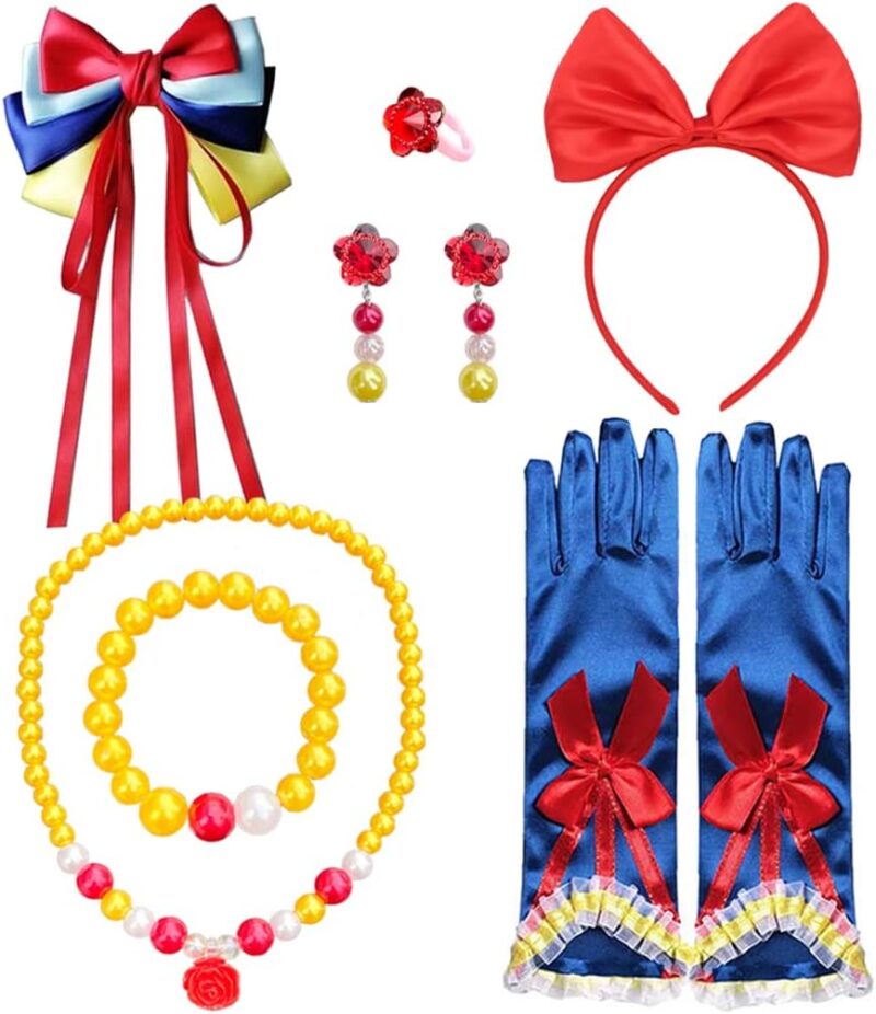 Girls Costume Accessories Princess Snow White Dress up Accessories for Girls Snow White Bow Headband Bracelet Necklace Gloves Ring Earrings Halloween Christmas Party Favors for Kids