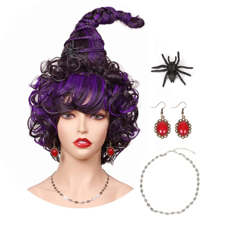 FantaLook Purple and Black Wig with Spider Clip Earrings and Necklace for Halloween Cosplay Party