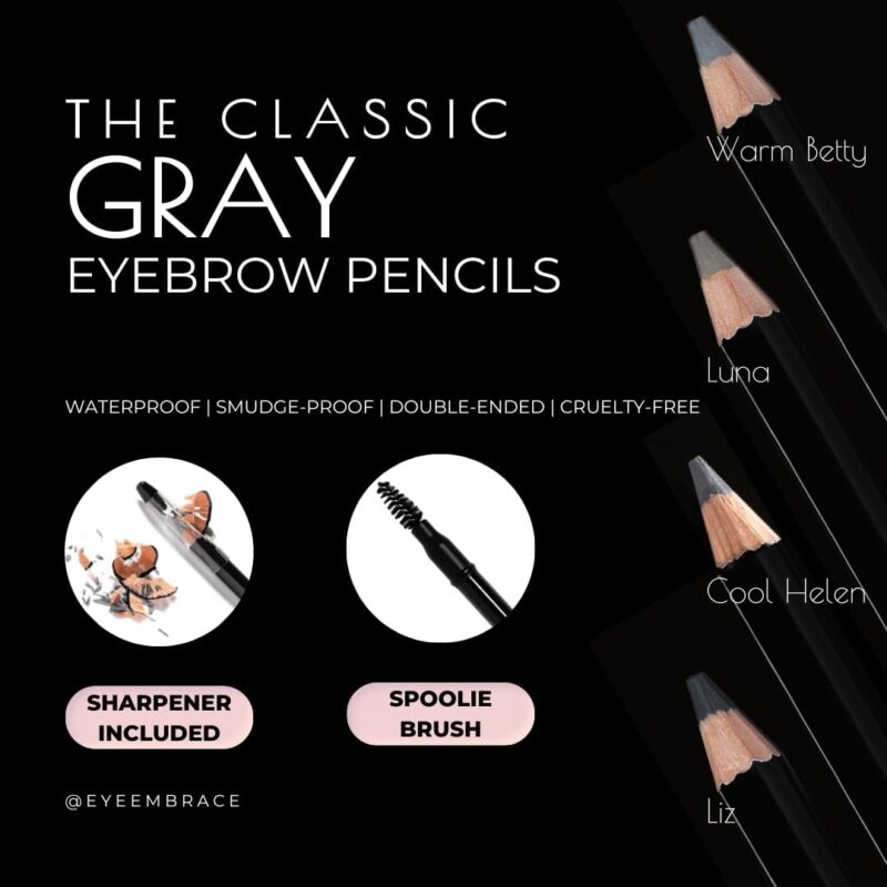 Eye Embrace Cool Helen Classic: Light Gray Wooden Eyebrow Pencil – Waterproof, Double-Ended Pencil with Sharpener & Spoolie Brush, Cruelty-Free - Image 2