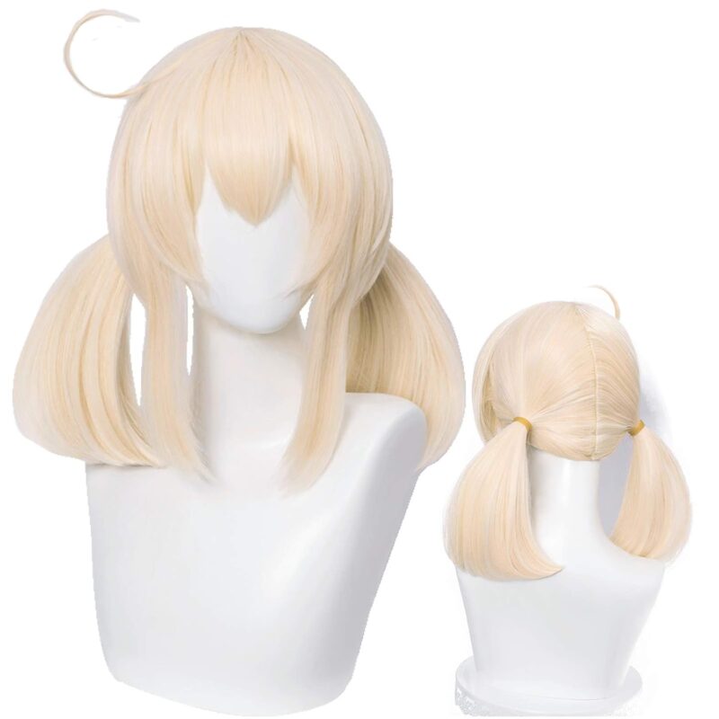 Blonde Cosplay Wig for Women Girls, Wig with Pigtail Ears + Wig Cap for Halloween Costume Party Harajuku Hair (Keli-Light Golden)