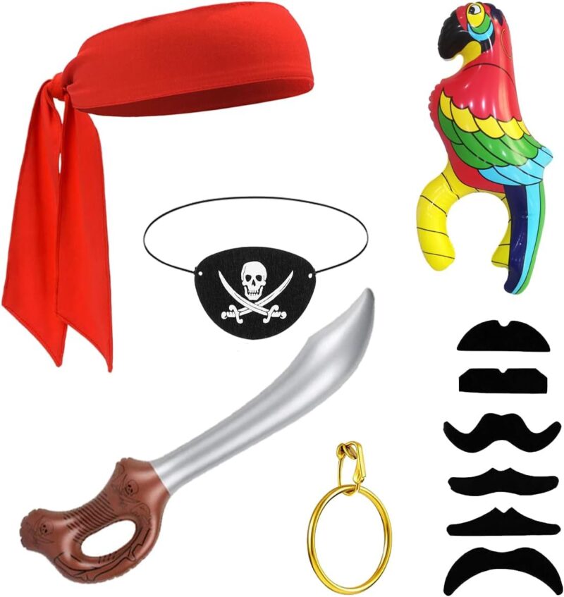 FUEAWIM 6 Pcs Pirate Accessories Include Pirate Parrot Shoulder Prop Pirate Eye Patch Head Bandana Halloween Pirate Costume Cosplay