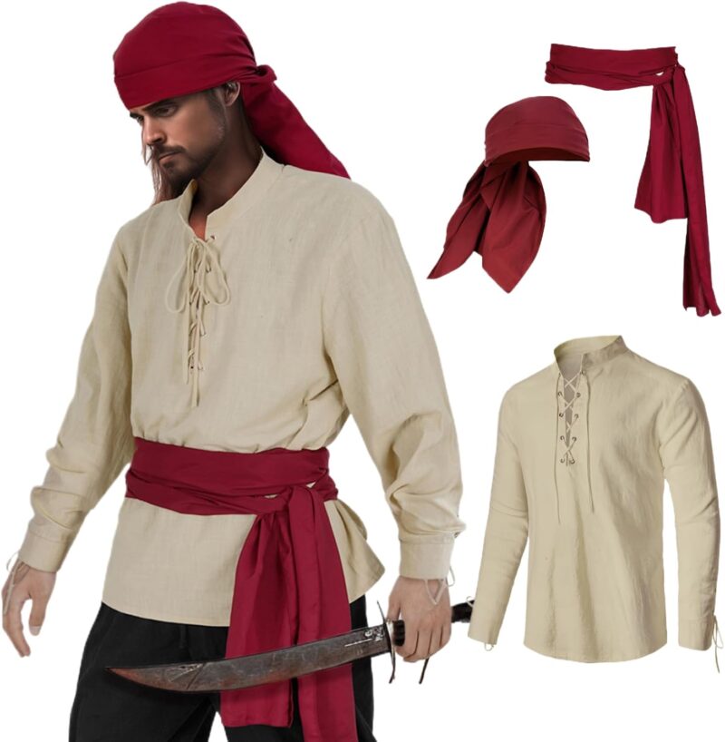 Mens Pirate 3 Pcs Costume Set Renaissance Pirate Shirt Medieval Costume Viking