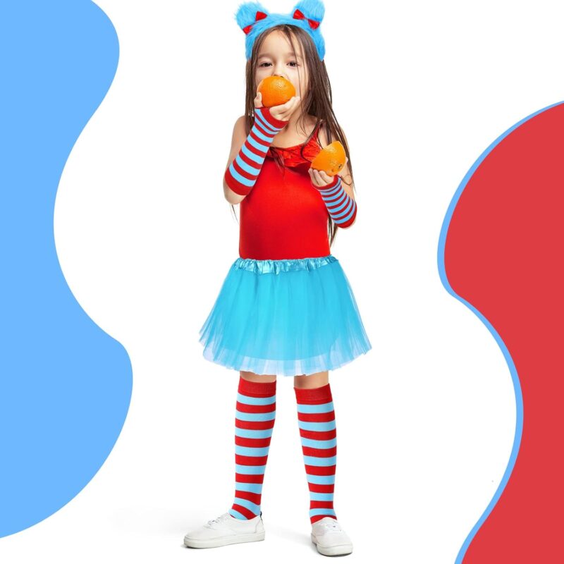 Jeyiour Halloween Girls Costume Blue Tutu Set Including 4 Layered Classic Tutu Skirt Fuzzy Headband Red Blue Striped Knee Length Socks Arm Warmer Fingerless Gloves for Kids Halloween Cosplay - Image 5