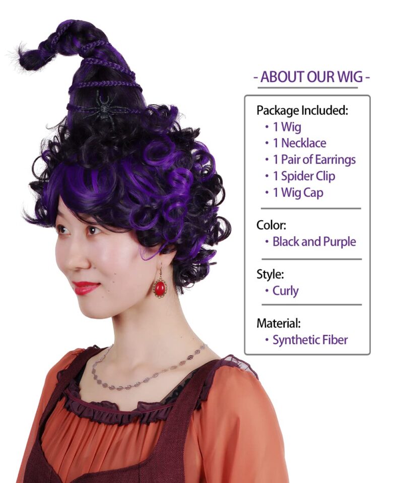 FantaLook Purple and Black Wig with Spider Clip Earrings and Necklace for Halloween Cosplay Party - Image 2