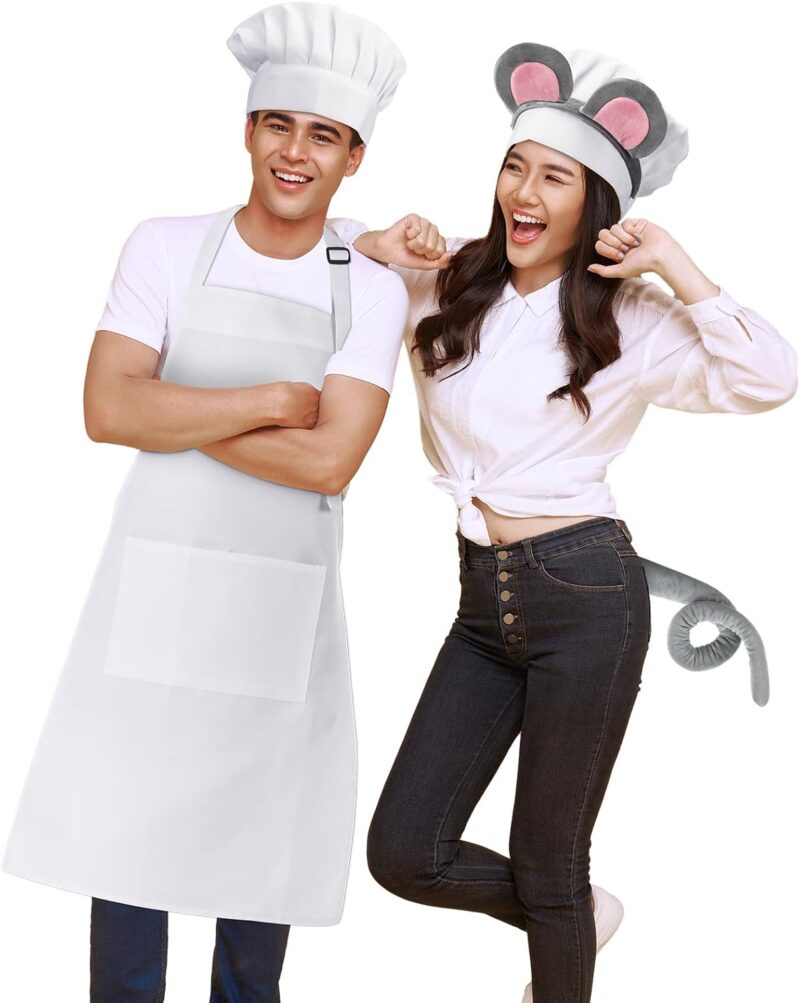 ramede 6 Pcs Couple Mouse Costume Accessories for Adult Include Mouse Headband Tail Bow Socks Adjustable Chef Hat Apron for Women Men Halloween Cosplay Party - Image 6