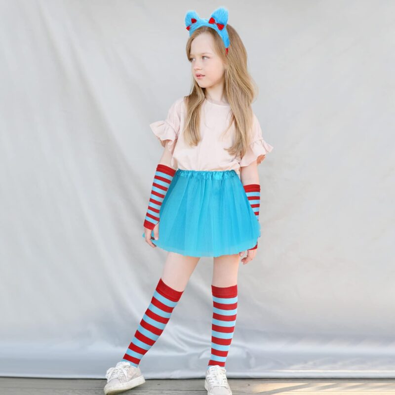 Jeyiour Halloween Girls Costume Blue Tutu Set Including 4 Layered Classic Tutu Skirt Fuzzy Headband Red Blue Striped Knee Length Socks Arm Warmer Fingerless Gloves for Kids Halloween Cosplay - Image 7