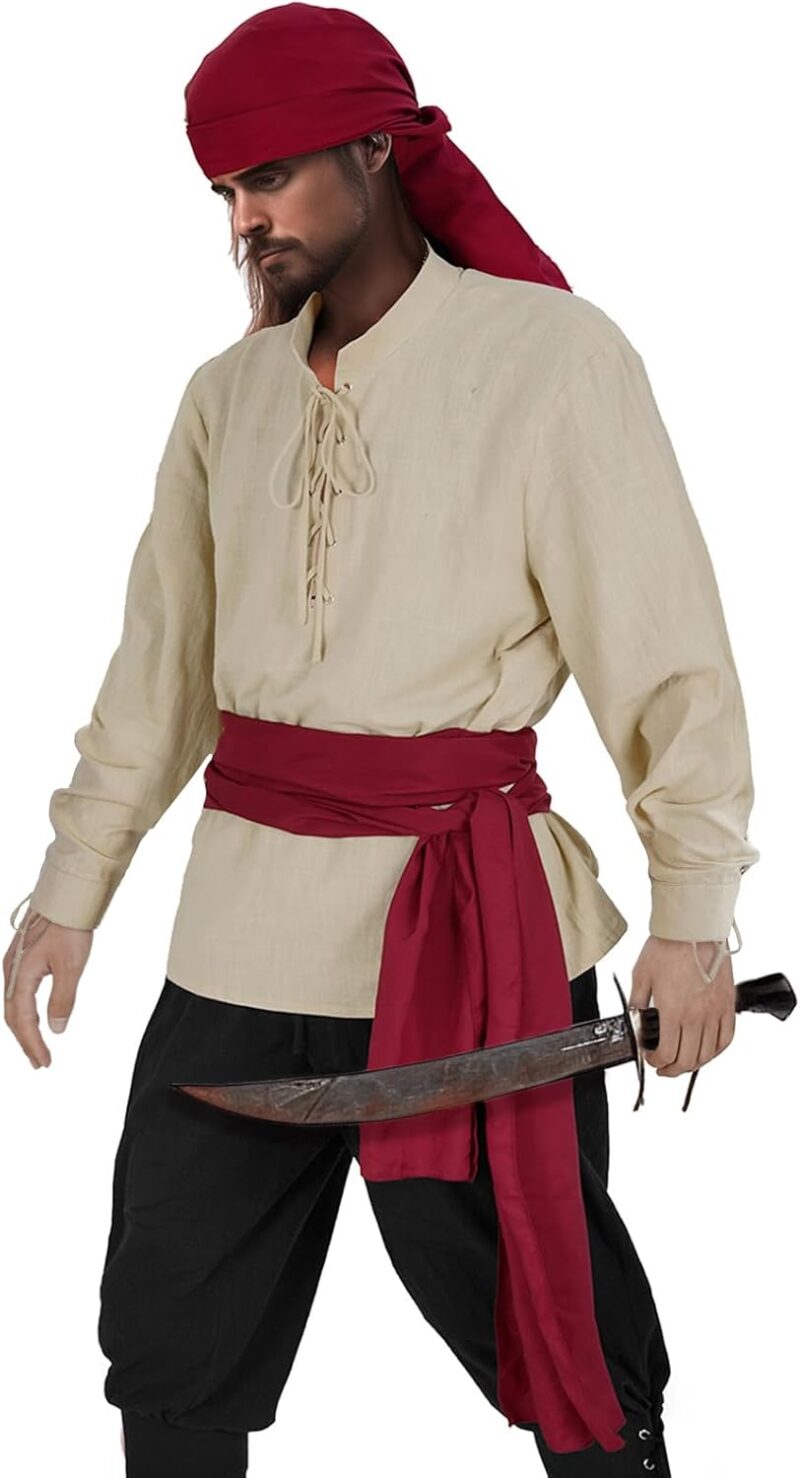 Mens Pirate 3 Pcs Costume Set Renaissance Pirate Shirt Medieval Costume Viking - Image 3