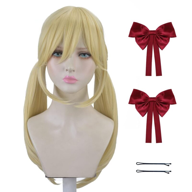 Blonde Wigs for Women, Long Golden Double Ponytail Anime Synthetic Wig with Cosplay Costume Halloween Party Daily