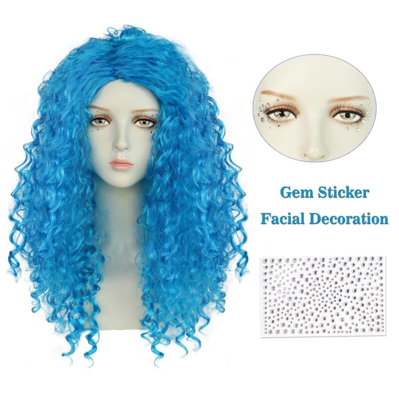 Anogol Hair Cap+1pcs Gem Sticker Chloe Wig Blue Wig Blue Curly Wig Long Blue Cosplay Wig with Buns Womens Synthetic Wig Anime Outfit for Halloween Party Wig - Image 2