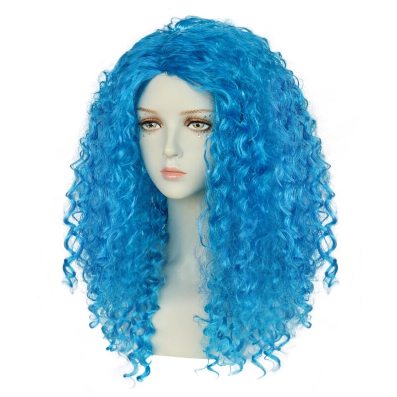 Anogol Hair Cap+1pcs Gem Sticker Chloe Wig Blue Wig Blue Curly Wig Long Blue Cosplay Wig with Buns Womens Synthetic Wig Anime Outfit for Halloween Party Wig - Image 4