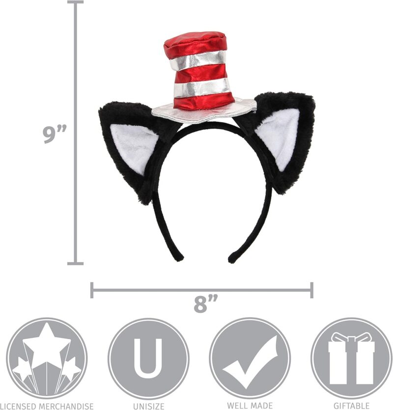 Dr. Seuss Cat in The Hat Deluxe Costume Ears Headband with Stovepipe Hat for Adults and Kids - Image 4