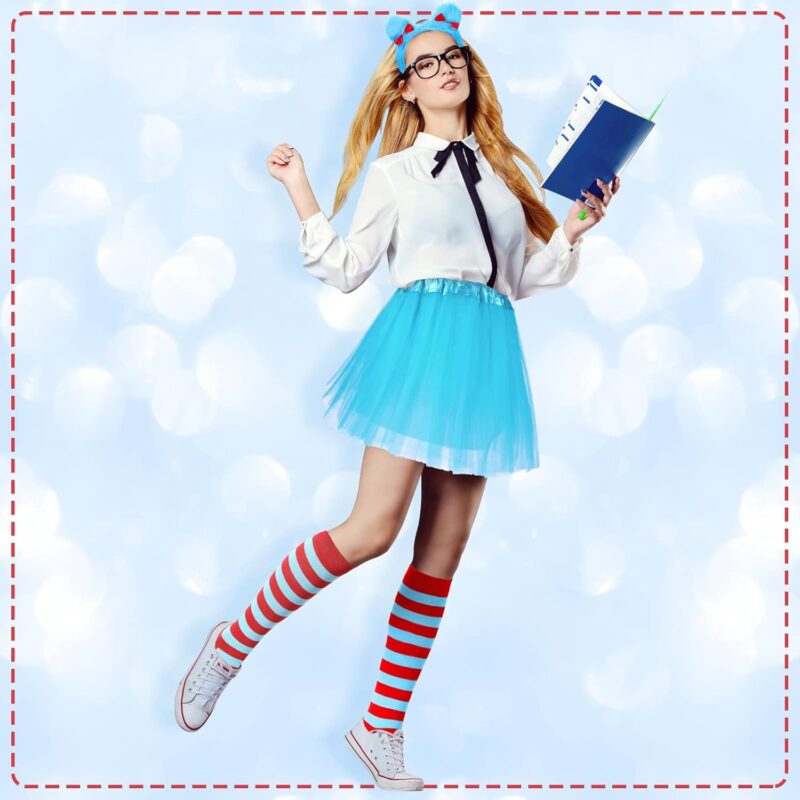 Jeyiour Halloween Girls Costume Blue Tutu Set Including 4 Layered Classic Tutu Skirt Fuzzy Headband Red Blue Striped Knee Length Socks Arm Warmer Fingerless Gloves for Kids Halloween Cosplay - Image 4