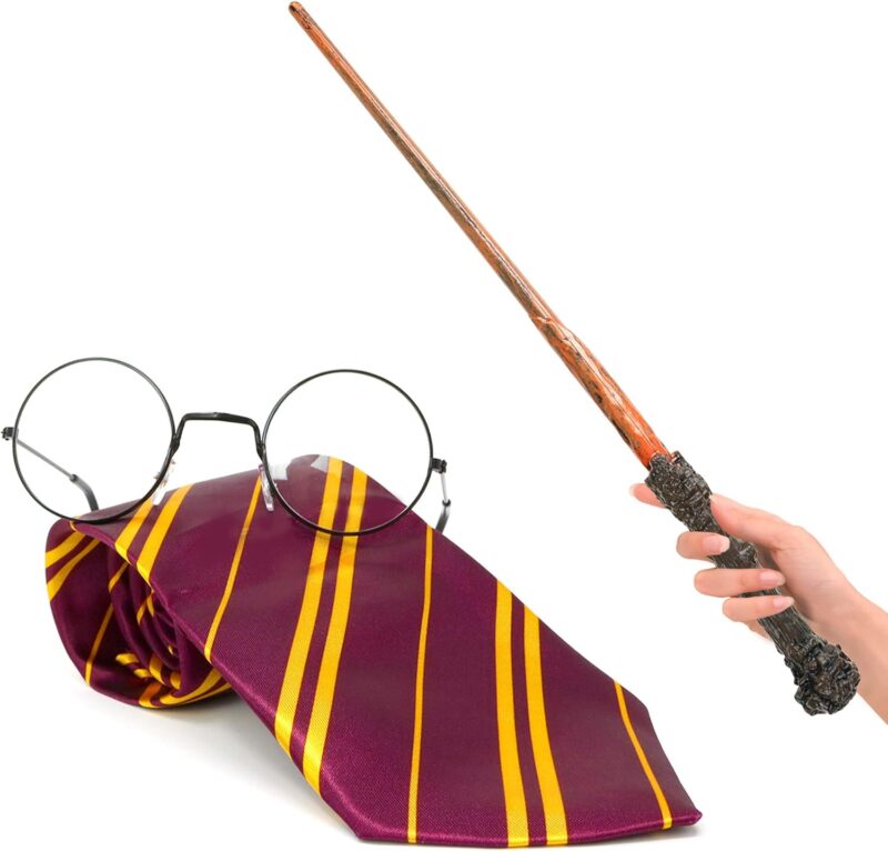 Skeleteen Wizard Costume Accessories Set - Nerd Circle Glasses, Red and Gold Tie and a Magic Wand Accessory Set for Kids and Adults - Image 5