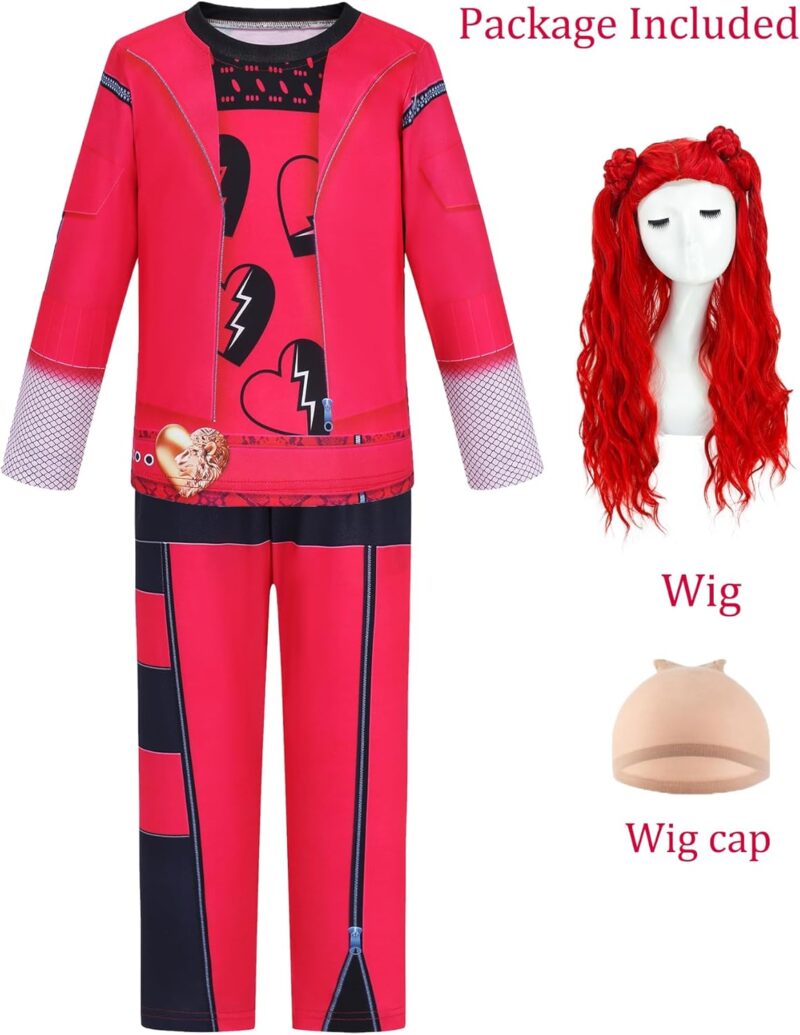 Girls Red Costume with Red Wig Kids Halloween Costumes Movie Cosplay Outfits Shirt Pants for Birthday Party ﻿ - Image 3