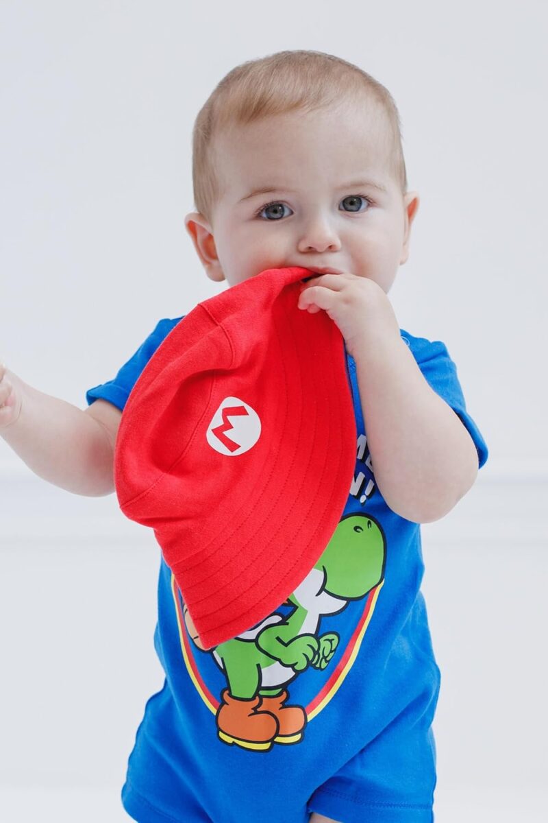 Super Mario Nintendo Mario Yoshi Baby Romper and Bucket Sun Hat Newborn to Infant - Image 3