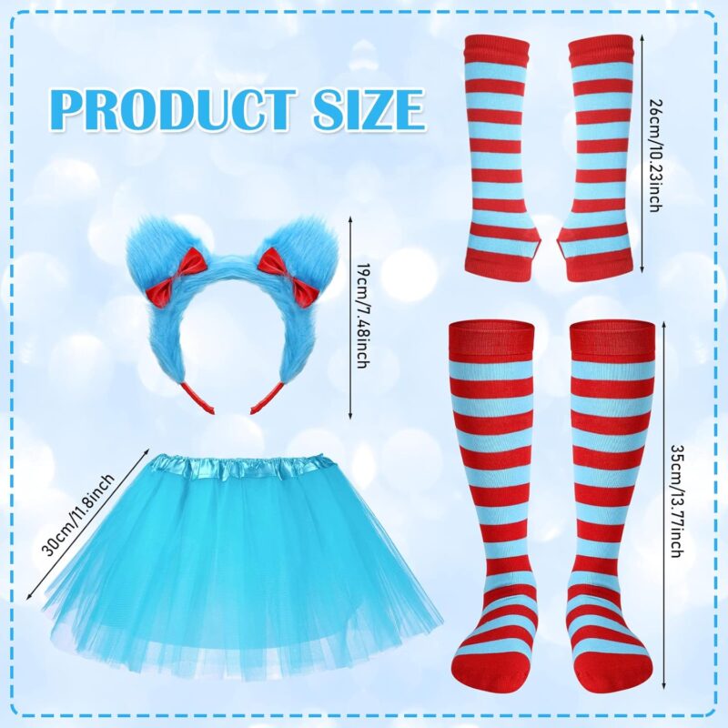 Jeyiour Halloween Girls Costume Blue Tutu Set Including 4 Layered Classic Tutu Skirt Fuzzy Headband Red Blue Striped Knee Length Socks Arm Warmer Fingerless Gloves for Kids Halloween Cosplay - Image 2