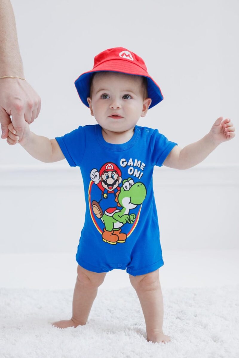 Super Mario Nintendo Mario Yoshi Baby Romper and Bucket Sun Hat Newborn to Infant - Image 6